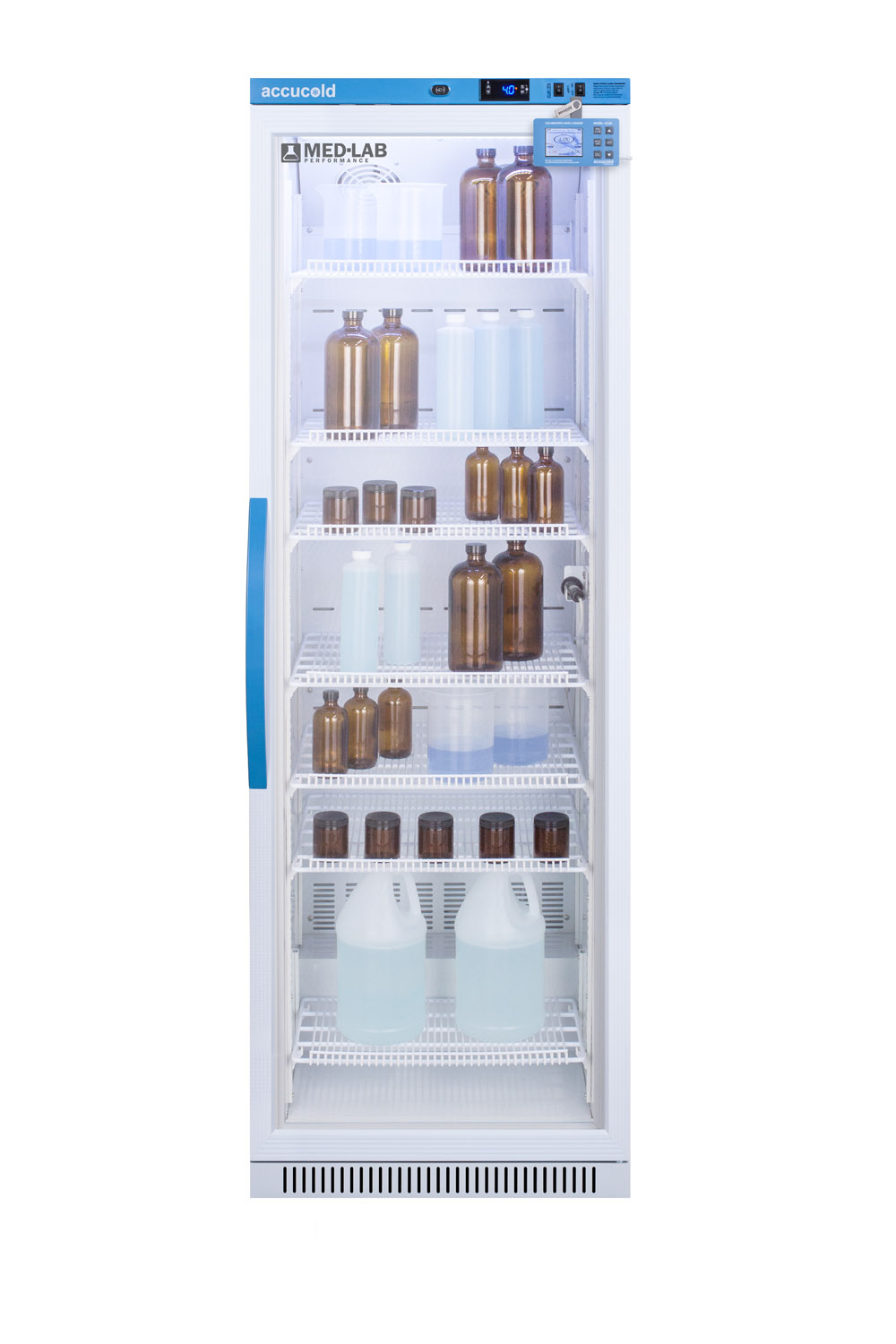 Performance series Med-Lab 15 cu.ft. upright glass door all-refrigerator for laboratory storage with factory-installed data logger, antimicrobial silver-ion handle, and hospital grade cord with 'green dot' plug